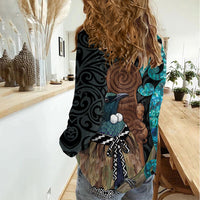 New Zealand Tui Bird Wahaika Women Casual Shirt Maori Weapon Paua Shell Koru Pattern LT22 - Polynesian Pride