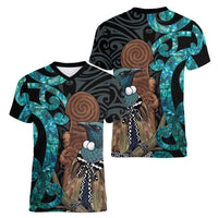 New Zealand Tui Bird Wahaika Women V-Neck T-Shirt Maori Weapon Paua Shell Koru Pattern LT22 - Polynesian Pride