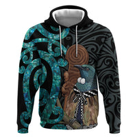 New Zealand Tui Bird Wahaika Zip Hoodie Maori Weapon Paua Shell Koru Pattern LT22 Pullover Hoodie Black - Polynesian Pride