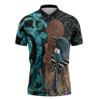 New Zealand Tui Bird Wahaika Zipper Polo Shirt Maori Weapon Paua Shell Koru Pattern LT22 Black - Polynesian Pride