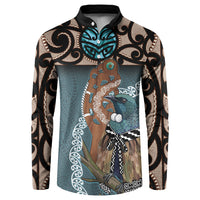 New Zealand Tui Bird Maripi Button Sweatshirt Maori Weapon Kowhaiwhai Pattern LT22 Slate Blue - Polynesian Pride