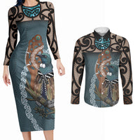 New Zealand Tui Bird Maripi Couples Matching Long Sleeve Bodycon Dress and Long Sleeve Button Shirt Maori Weapon Kowhaiwhai Pattern LT22 Slate Blue - Polynesian Pride