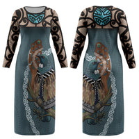 New Zealand Tui Bird Maripi Couples Matching Long Sleeve Bodycon Dress and Long Sleeve Button Shirt Maori Weapon Kowhaiwhai Pattern LT22 - Polynesian Pride