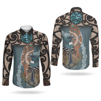 New Zealand Tui Bird Maripi Couples Matching Off Shoulder Maxi Dress and Long Sleeve Button Shirt Maori Weapon Kowhaiwhai Pattern LT22 - Polynesian Pride