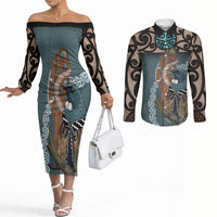 New Zealand Tui Bird Maripi Couples Matching Off The Shoulder Long Sleeve Dress and Long Sleeve Button Shirt Maori Weapon Kowhaiwhai Pattern LT22 Slate Blue - Polynesian Pride