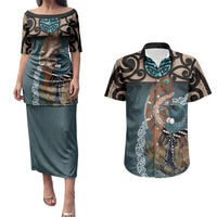 New Zealand Tui Bird Maripi Couples Matching Puletasi and Hawaiian Shirt Maori Weapon Kowhaiwhai Pattern LT22 Slate Blue - Polynesian Pride
