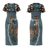 New Zealand Tui Bird Maripi Couples Matching Short Sleeve Bodycon Dress and Hawaiian Shirt Maori Weapon Kowhaiwhai Pattern LT22 - Polynesian Pride