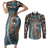 New Zealand Tui Bird Maripi Couples Matching Short Sleeve Bodycon Dress and Long Sleeve Button Shirt Maori Weapon Kowhaiwhai Pattern LT22 Slate Blue - Polynesian Pride