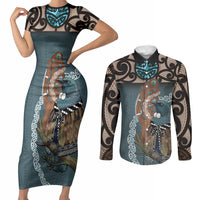 New Zealand Tui Bird Maripi Couples Matching Short Sleeve Bodycon Dress and Long Sleeve Button Shirt Maori Weapon Kowhaiwhai Pattern LT22 Slate Blue - Polynesian Pride