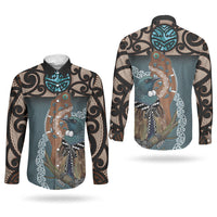 New Zealand Tui Bird Maripi Couples Matching Short Sleeve Bodycon Dress and Long Sleeve Button Shirt Maori Weapon Kowhaiwhai Pattern LT22 - Polynesian Pride