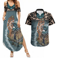 New Zealand Tui Bird Maripi Couples Matching Summer Maxi Dress and Hawaiian Shirt Maori Weapon Kowhaiwhai Pattern LT22 Slate Blue - Polynesian Pride
