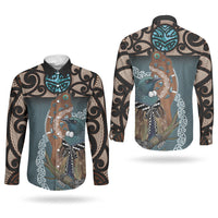 New Zealand Tui Bird Maripi Couples Matching Summer Maxi Dress and Long Sleeve Button Shirt Maori Weapon Kowhaiwhai Pattern LT22 - Polynesian Pride