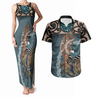New Zealand Tui Bird Maripi Couples Matching Tank Maxi Dress and Hawaiian Shirt Maori Weapon Kowhaiwhai Pattern LT22 Slate Blue - Polynesian Pride