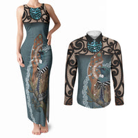 New Zealand Tui Bird Maripi Couples Matching Tank Maxi Dress and Long Sleeve Button Shirt Maori Weapon Kowhaiwhai Pattern LT22 Slate Blue - Polynesian Pride