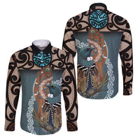 New Zealand Tui Bird Maripi Family Matching Tank Maxi Dress and Hawaiian Shirt Maori Weapon Kowhaiwhai Pattern LT22 Dad's Shirt - Long Sleeve Slate Blue - Polynesian Pride