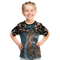 New Zealand Tui Bird Maripi Kid T Shirt Maori Weapon Kowhaiwhai Pattern LT22 Slate Blue - Polynesian Pride