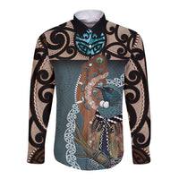 New Zealand Tui Bird Maripi Long Sleeve Button Shirt Maori Weapon Kowhaiwhai Pattern LT22 Unisex Slate Blue - Polynesian Pride