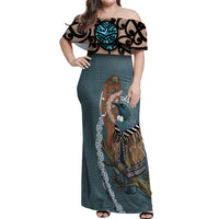 New Zealand Tui Bird Maripi Off Shoulder Maxi Dress Maori Weapon Kowhaiwhai Pattern LT22 Women Slate Blue - Polynesian Pride