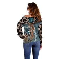 New Zealand Tui Bird Maripi Off Shoulder Sweater Maori Weapon Kowhaiwhai Pattern LT22 - Polynesian Pride