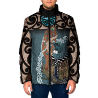 New Zealand Tui Bird Maripi Padded Jacket Maori Weapon Kowhaiwhai Pattern LT22 Men Slate Blue - Polynesian Pride