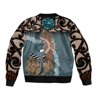 New Zealand Tui Bird Maripi Sleeve Zip Bomber Jacket Maori Weapon Kowhaiwhai Pattern LT22 - Polynesian Pride