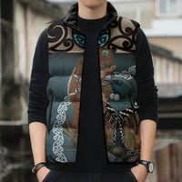 New Zealand Tui Bird Maripi Sleeveless Puffer Jacket Maori Weapon Kowhaiwhai Pattern LT22 - Polynesian Pride