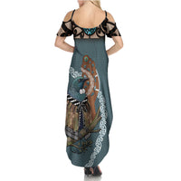 New Zealand Tui Bird Maripi Summer Maxi Dress Maori Weapon Kowhaiwhai Pattern LT22 - Polynesian Pride