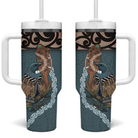 New Zealand Tui Bird Maripi Tumbler With Handle Maori Weapon Kowhaiwhai Pattern LT22 One Size: 40 oz Slate Blue - Polynesian Pride