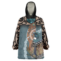 New Zealand Tui Bird Maripi Wearable Blanket Hoodie Maori Weapon Kowhaiwhai Pattern LT22 One Size Slate Blue - Polynesian Pride