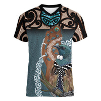 New Zealand Tui Bird Maripi Women V-Neck T-Shirt Maori Weapon Kowhaiwhai Pattern LT22 Female Slate Blue - Polynesian Pride
