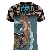 New Zealand Tui Bird Maripi Women V-Neck T-Shirt Maori Weapon Kowhaiwhai Pattern LT22 - Polynesian Pride