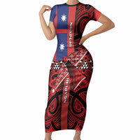 Aotearoa Iwi Ngapuhi Short Sleeve Bodycon Dress Tuhoronuku Kite United Tribes Flag Maori Pattern LT22 Long Dress Red - Polynesian Pride