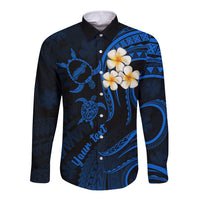 Personalised Niihau Hawaii Long Sleeve Button Shirt Polynesian Tattoo and Pacific Plumeria Blue Vibe LT9 Unisex Blue - Polynesian Pride
