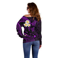 Personalised Niihau Hawaii Off Shoulder Sweater Polynesian Tattoo and Pacific Plumeria Purple Vibe LT9 - Polynesian Pride