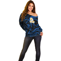 Personalised Molokai Hawaii Off Shoulder Sweater Polynesian Tattoo and Pacific Plumeria Blue Vibe LT9 - Polynesian Pride
