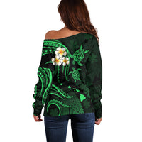 Personalised Molokai Hawaii Off Shoulder Sweater Polynesian Tattoo and Pacific Plumeria Green Vibe LT9 - Polynesian Pride