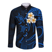 Personalised Lanai Hawaii Long Sleeve Button Shirt Polynesian Tattoo and Pacific Plumeria Blue Vibe LT9 Unisex Blue - Polynesian Pride