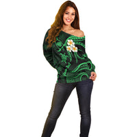 Personalised Kauai Hawaii Off Shoulder Sweater Polynesian Tattoo and Pacific Plumeria Green Vibe LT9 - Polynesian Pride