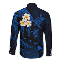Personalised Kahoolawe Hawaii Long Sleeve Button Shirt Polynesian Tattoo and Pacific Plumeria Blue Vibe LT9 - Polynesian Pride