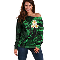 Personalised Kahoolawe Hawaii Off Shoulder Sweater Polynesian Tattoo and Pacific Plumeria Green Vibe LT9 Women Green - Polynesian Pride