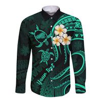 Personalised Kahoolawe Hawaii Long Sleeve Button Shirt Polynesian Tattoo and Pacific Plumeria Turquoise Vibe LT9 Unisex Turquoise - Polynesian Pride