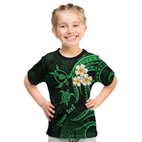 Personalised Maui Hawaii Kid T Shirt Polynesian Tattoo and Pacific Plumeria Green Vibe LT9 Green - Polynesian Pride