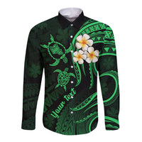 Personalised Oahu Hawaii Long Sleeve Button Shirt Polynesian Tattoo and Pacific Plumeria Green Vibe LT9 Unisex Green - Polynesian Pride
