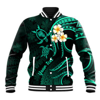 Personalised Oahu Hawaii Baseball Jacket Polynesian Tattoo and Pacific Plumeria Turquoise Vibe LT9 Unisex Turquoise - Polynesian Pride