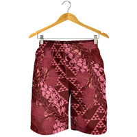 Maroon Aloha Hawaii Shorts for Men Hawaiian Kakau Ohia Lehua Lei - Polynesian Pride