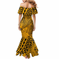 Hawaii Couples Matching Mermaid Dress and Hawaiian Shirt - Gold Polynesian Tribal Art LT14