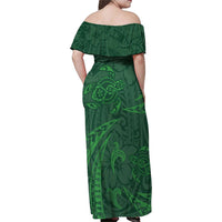 Polynesian Tribal Green Family Matching Off Shoulder Maxi Dress and Hawaiian Shirt Turtle Tattoo LT05