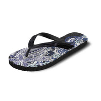 Monstera Plumeria Flowers Blue Flip Flops Polynesian Pattern