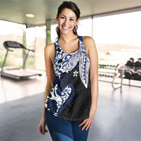 Monstera Plumeria Flowers Blue Women Racerback Tank Polynesian Pattern