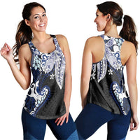Monstera Plumeria Flowers Blue Women Racerback Tank Polynesian Pattern